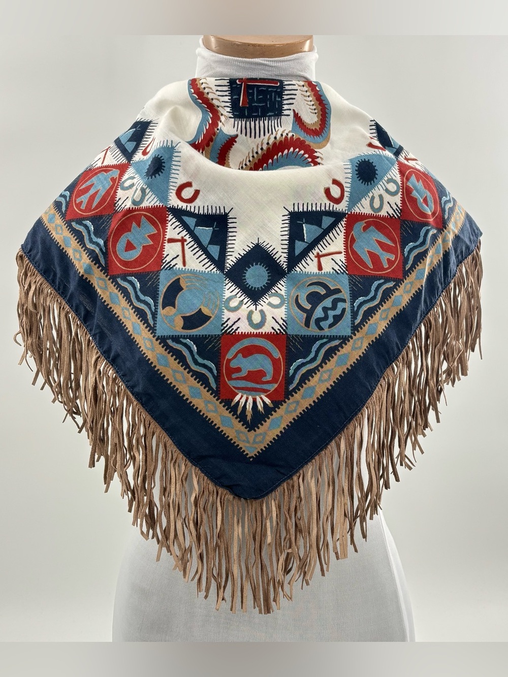 Vintage Wamcraft Southwestern Bandana Scarf Handkerchief Fringe Western USA Made